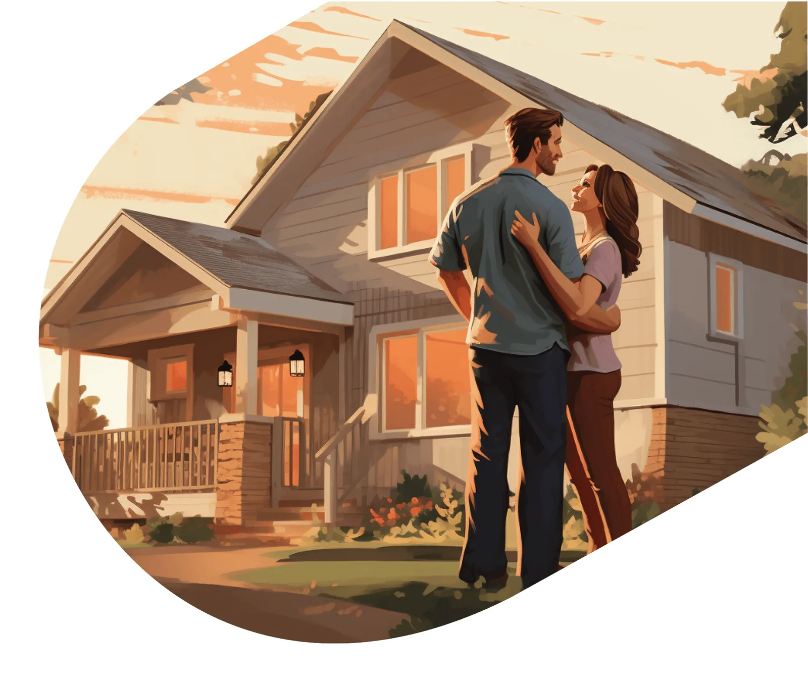 Illustrated couple standing in front of their new home at sunset