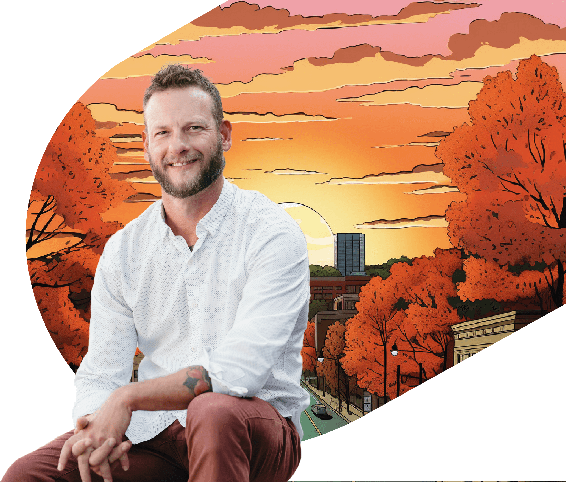 Eric Eby in front of the illustrated Northwest Arkansas skyline