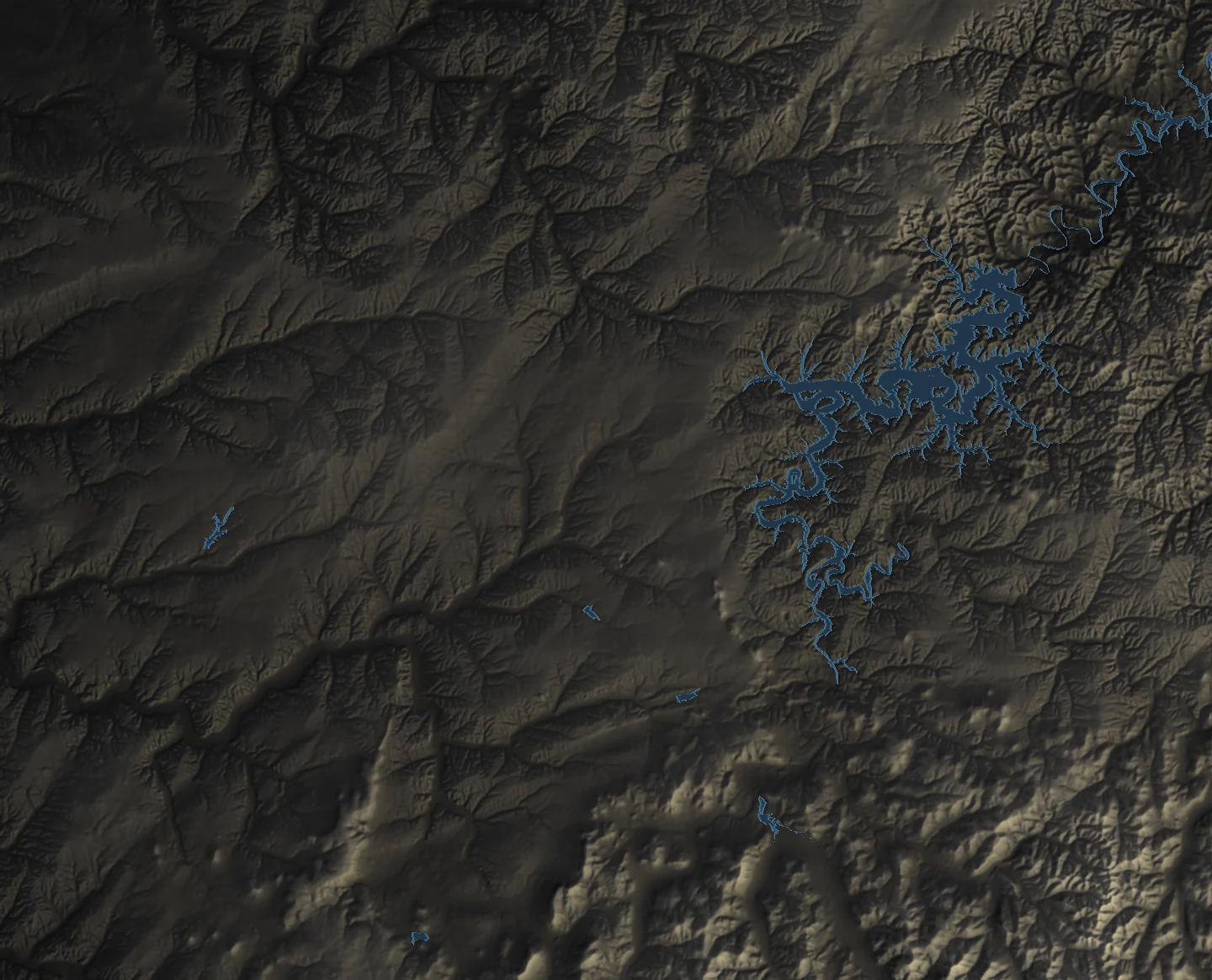 Shaded relief of Northwest Arkansas showing the Springfield Plateau, the Boston Mountains and Beaver Lake.